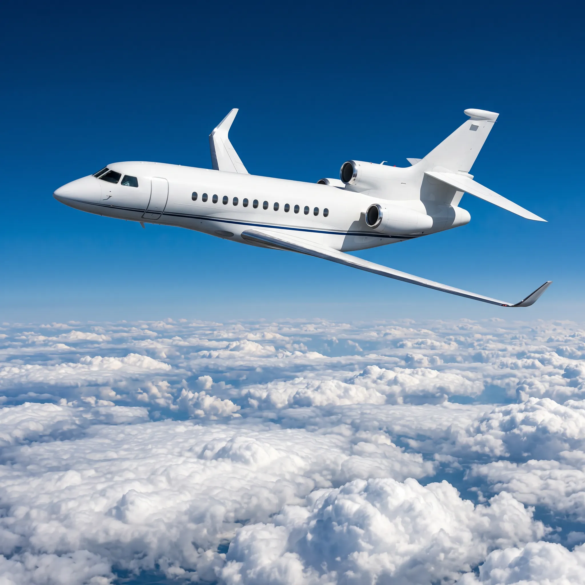 Dassault Falcon 8X private jet flying above clouds in bright daylight