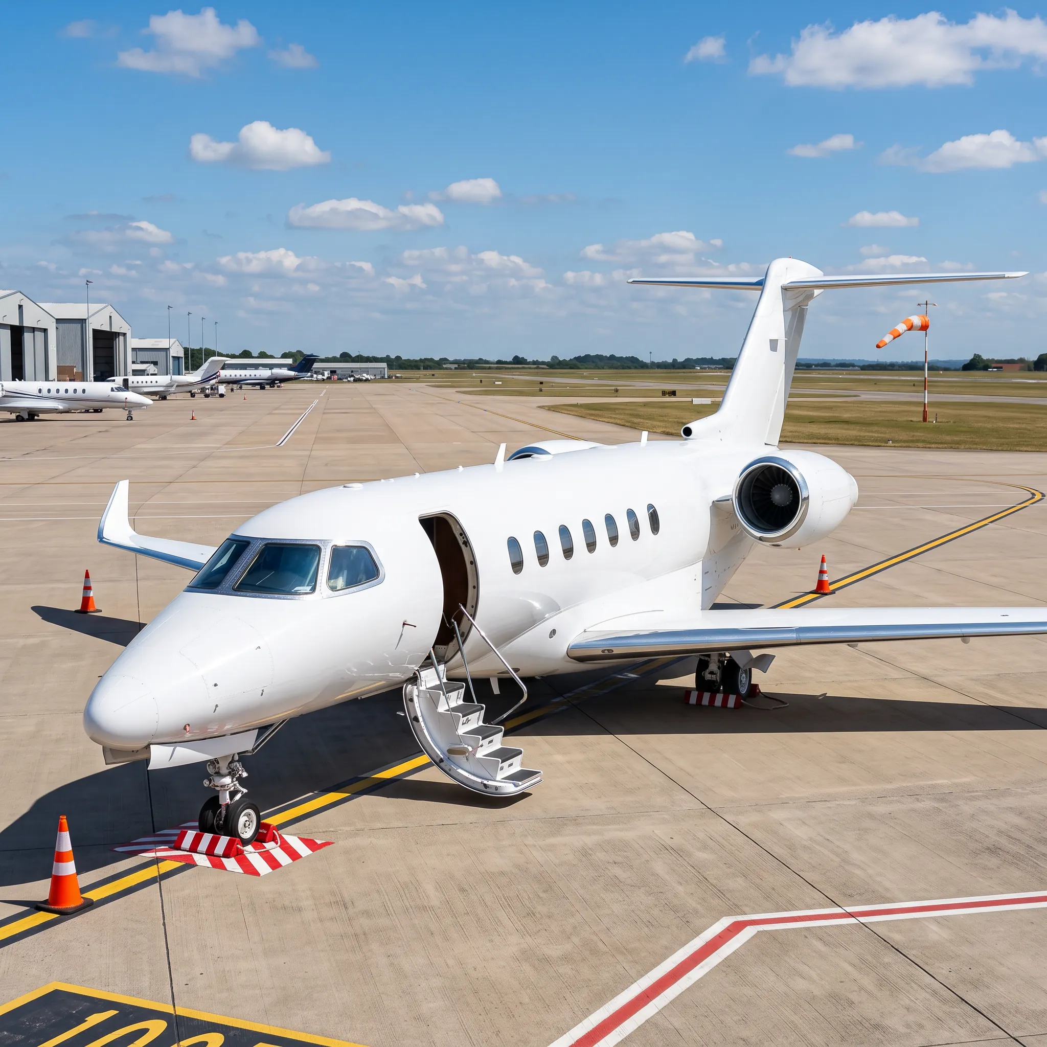 Citation Longitude business jet on a ramp with open door and stairs in bright daylight