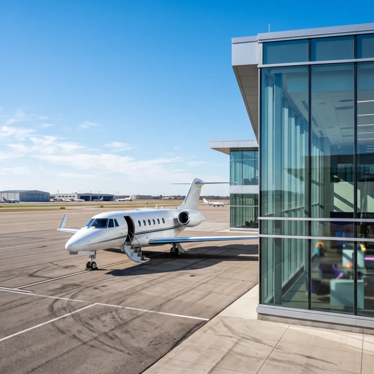 A white private jet on a sunlit ramp beside a modern glass building