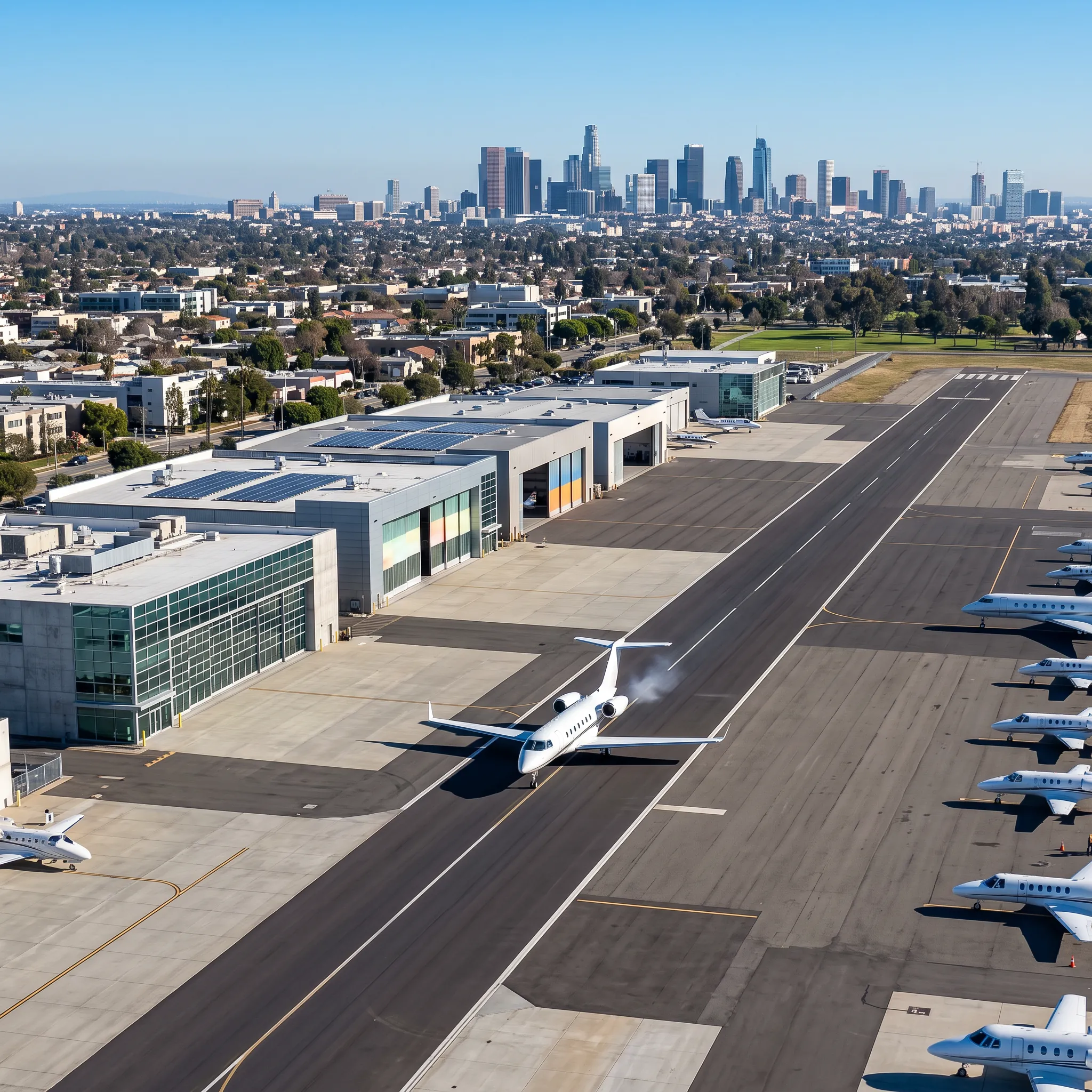 Aerial view of a business aviation airport near Melbourne with a Citation jet taxiing past modern hangars