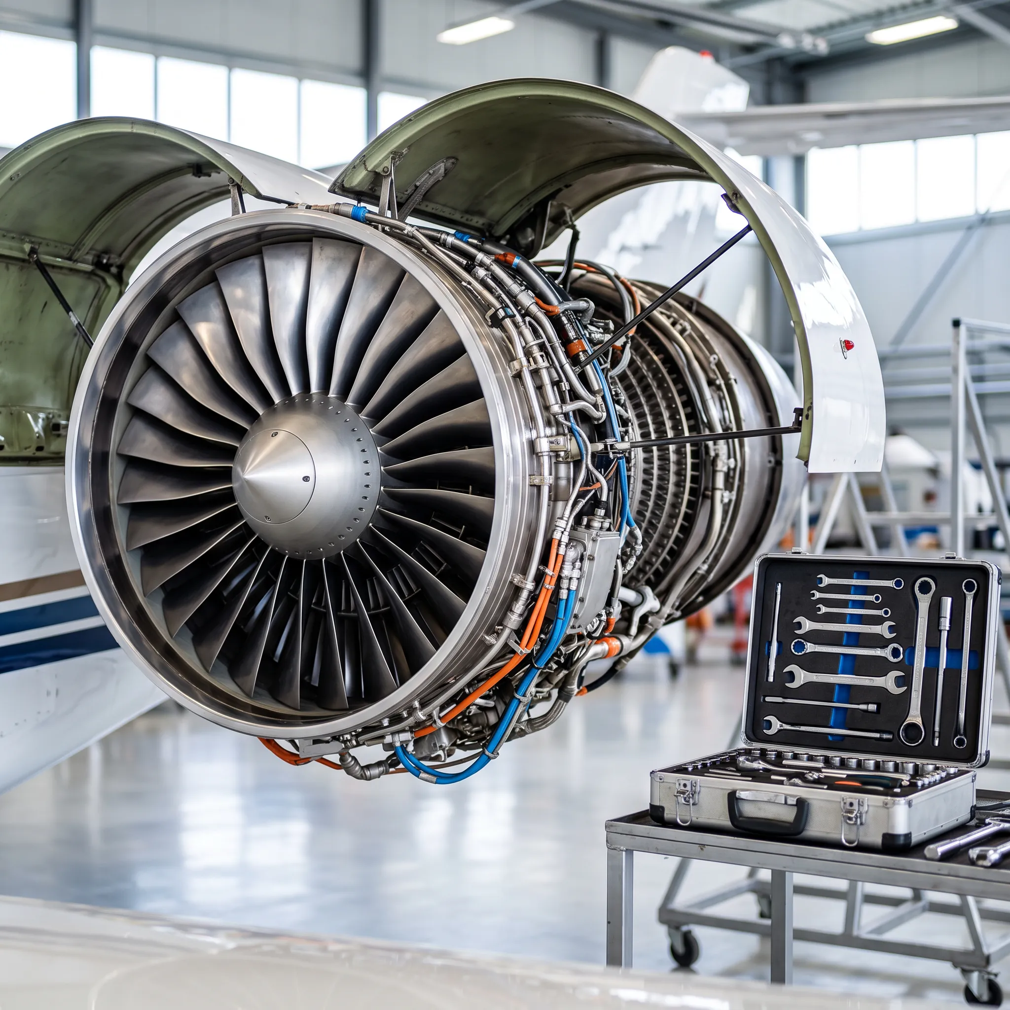 Close-up of an open turbofan engine cowling on a Citation jet during maintenance