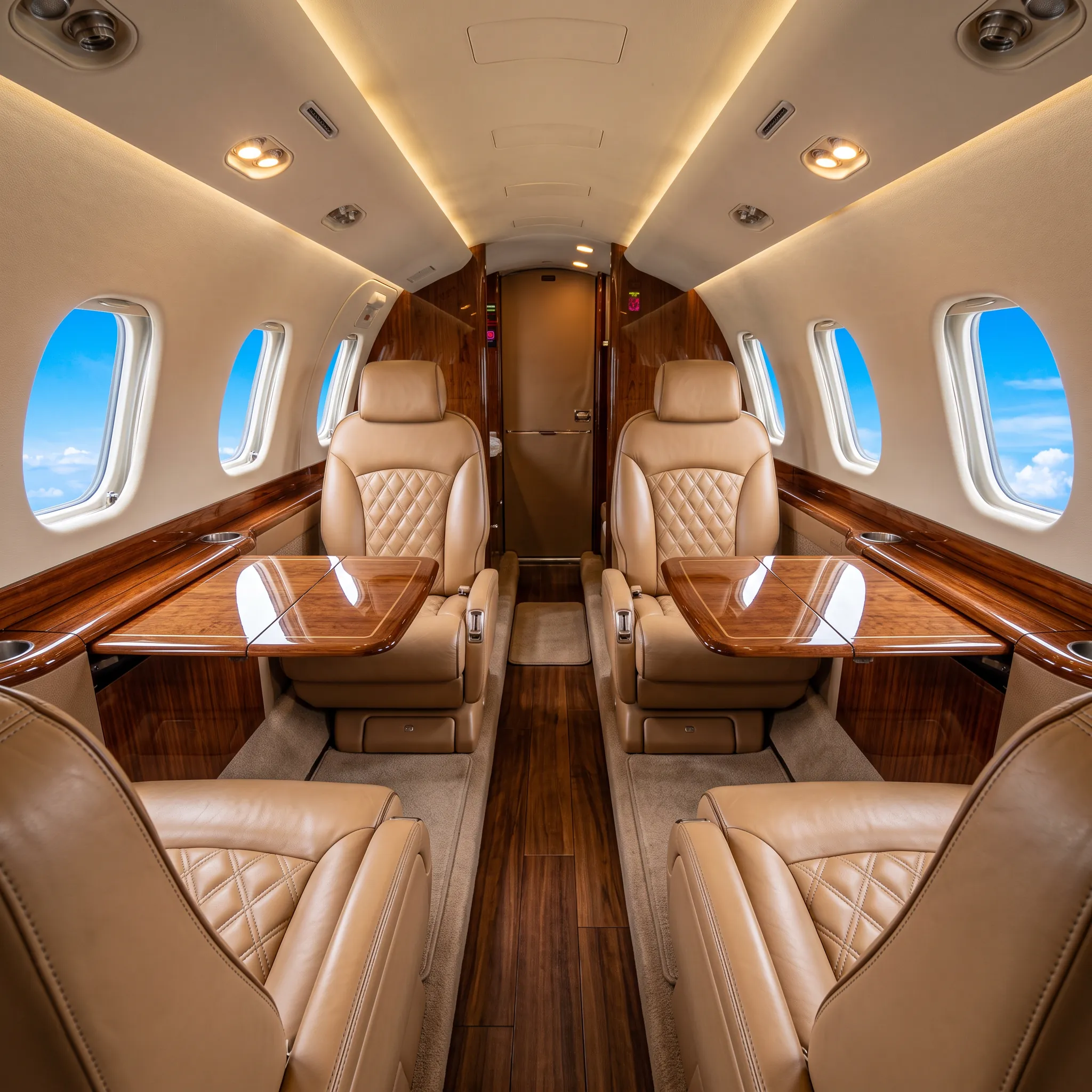 Citation private jet cabin with tan leather club seats and wood cabinetry