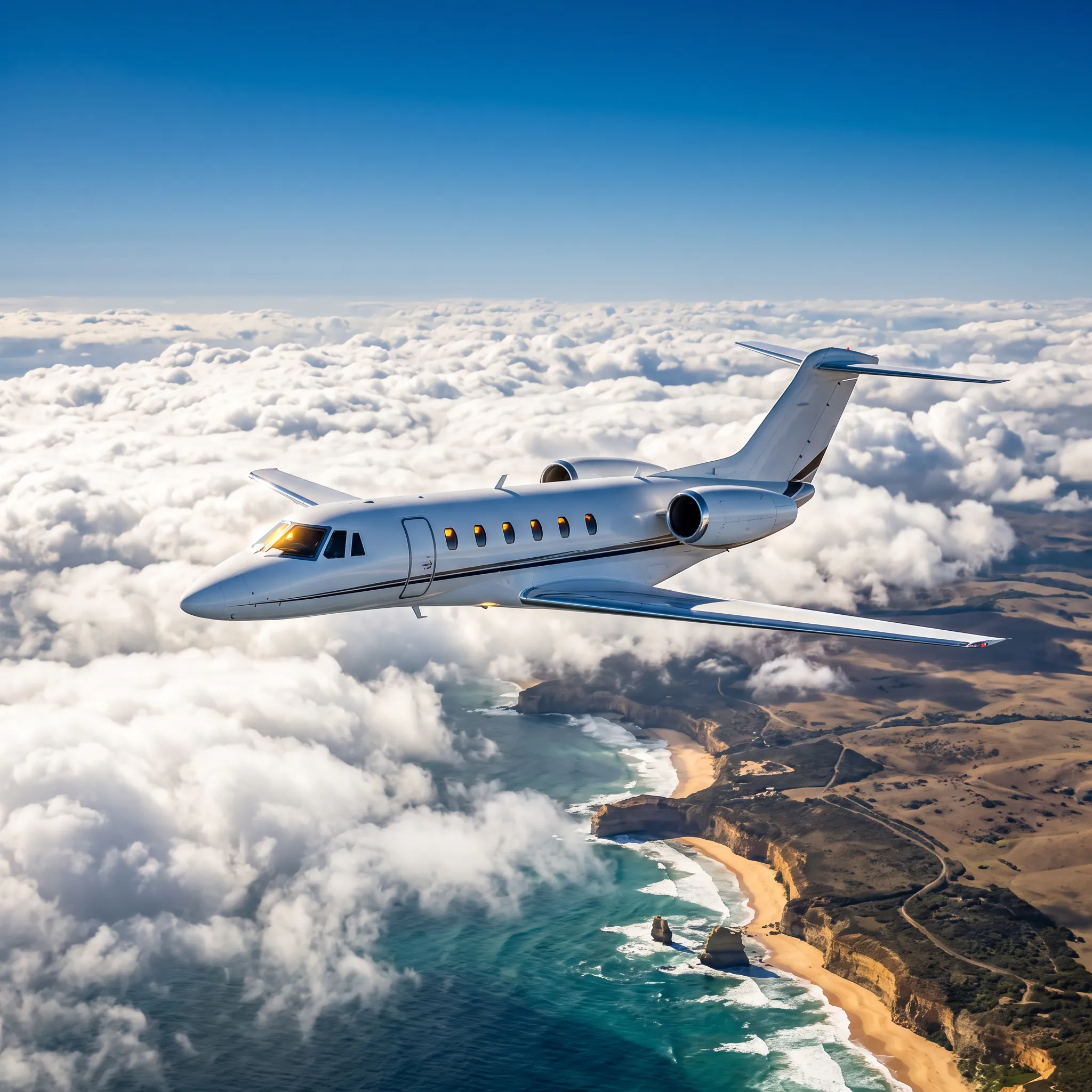 Cessna Citation jet flying above clouds over the Australian coast in bright daylight