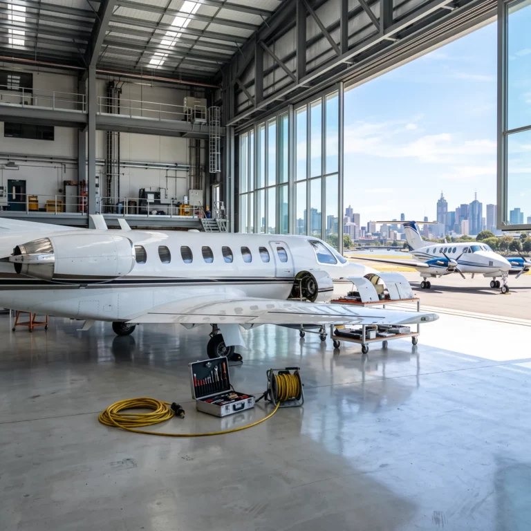 Cessna Citation jet in a bright maintenance hangar with open engine cowling and tools on the floor