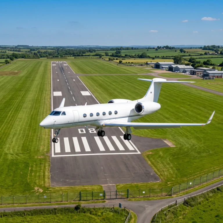 White private jet on short final approach over a runway threshold in bright daylight