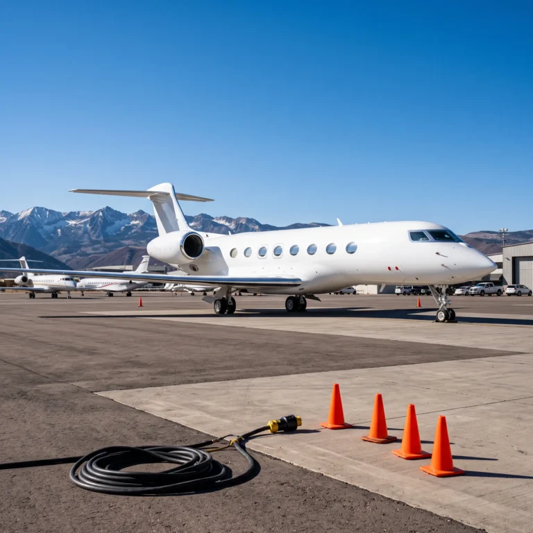 Gulfstream G650 parked on a crowded private jet ramp with other aircraft and mountains in the distance