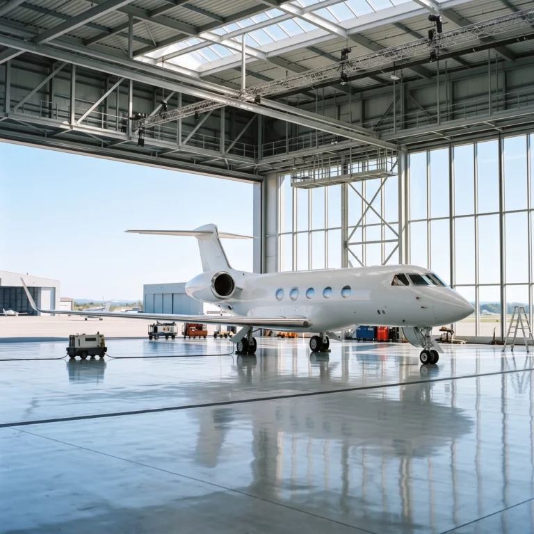 A white Gulfstream G650 parked in a bright hangar