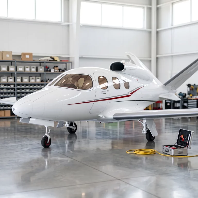 Cirrus Vision Jet in a bright hangar beside parts shelving and an open toolcase