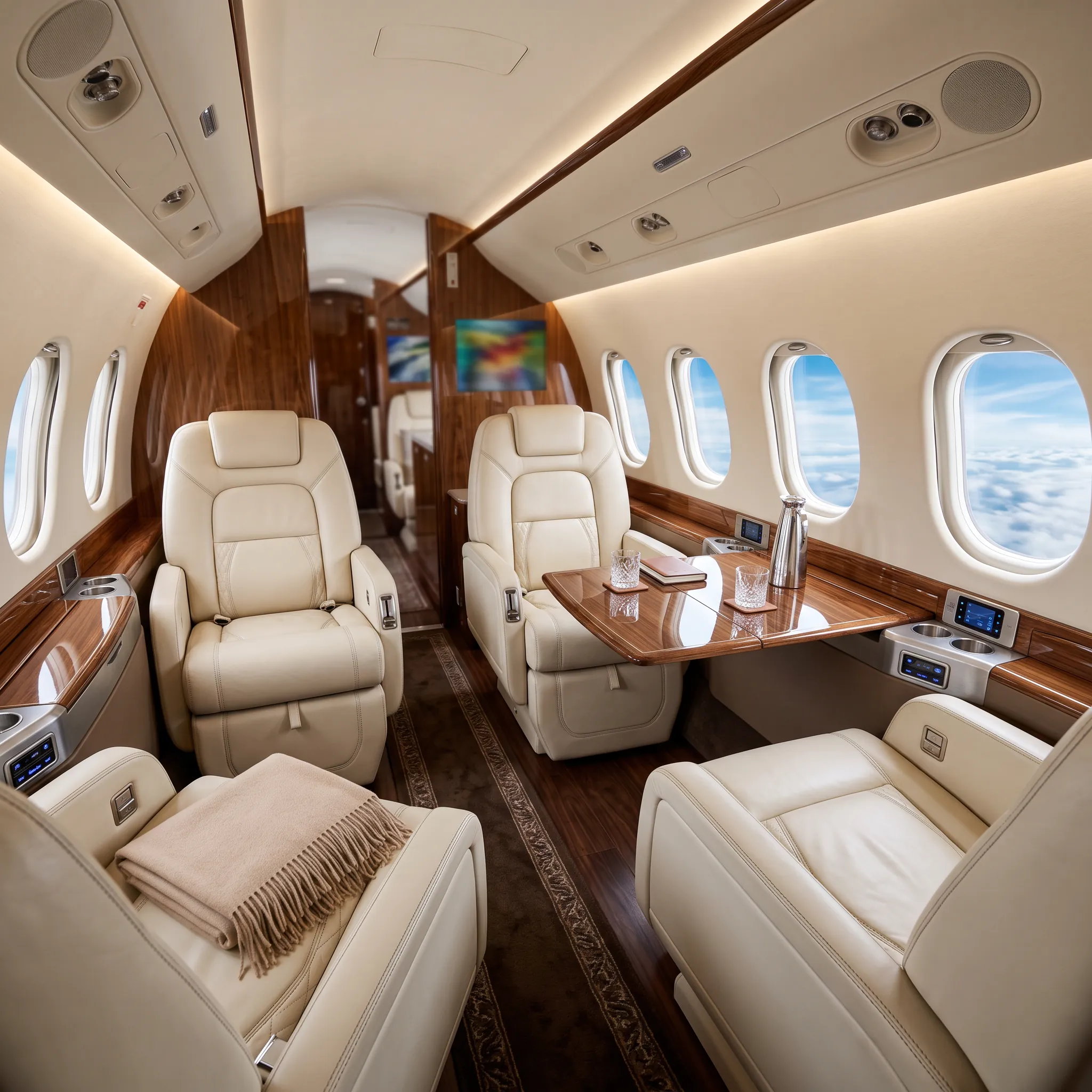 Empty private jet cabin with cream leather club seats and wood tables in bright light