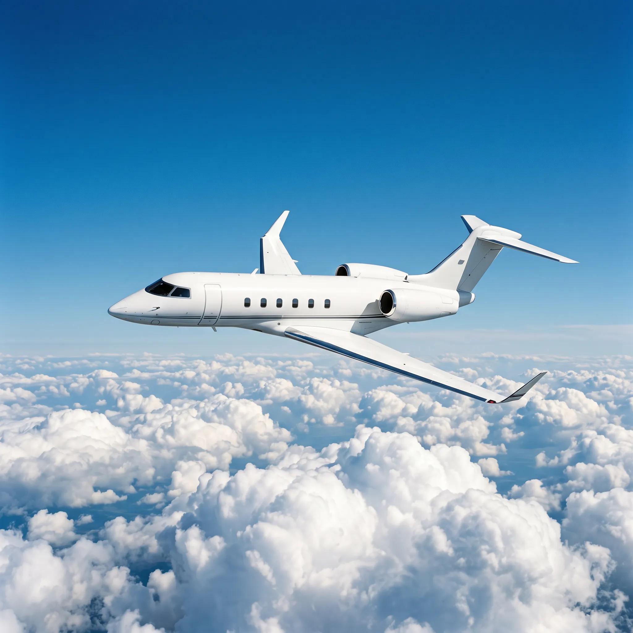 A white private jet flying above clouds in clear daylight