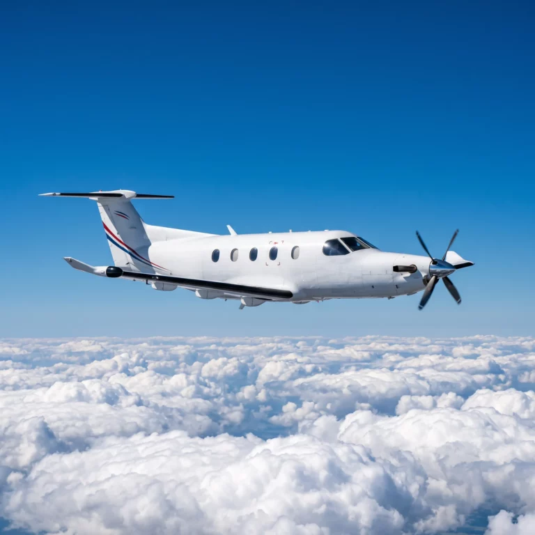Pilatus PC-12 turboprop flying above clouds in bright daylight