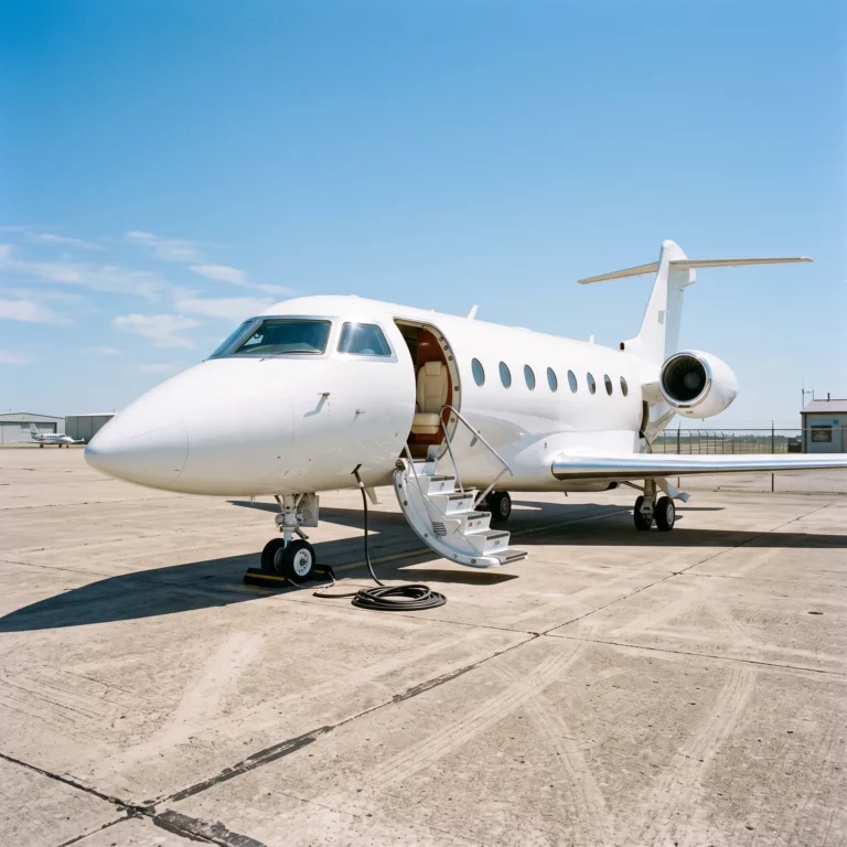 White business jet with open door and empty cabin on a sunlit ramp, representing an empty leg flight
