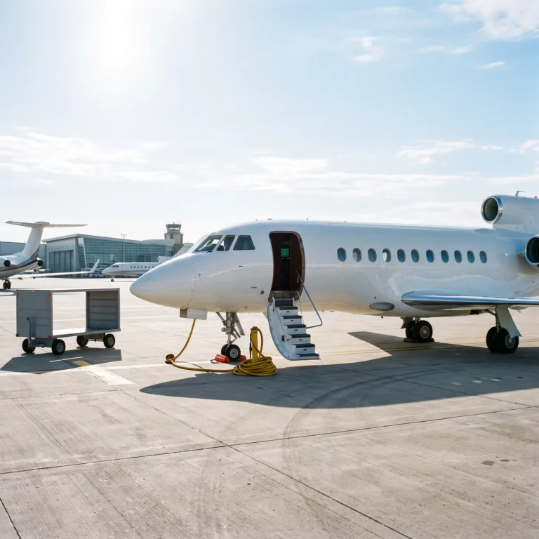 White private jet on a sunlit FBO ramp with open door waiting for passengers
